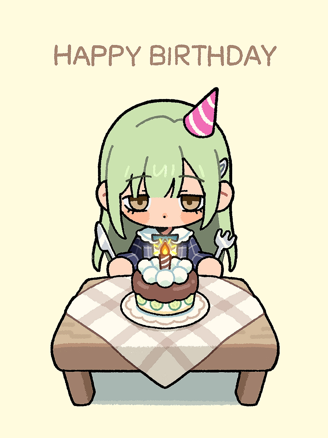 1girl bang_dream! bang_dream!_it&#039;s_mygo!!!!! birthday_cake blue_dress blue_ribbon brown_background cake commentary dress food green_hair hair_ornament hairclip happy_birthday hat highres long_hair long_sleeves neck_ribbon party_hat plaid_clothes plaid_dress ribbon shao_(shaorouhong) simple_background solo symbol-only_commentary table wakaba_mutsumi yellow_eyes