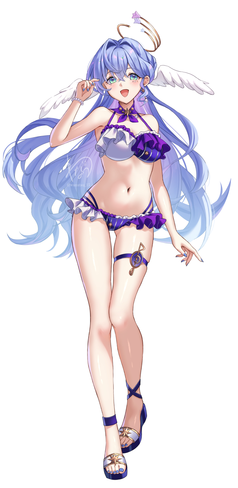 1girl :d aqua_eyes bare_shoulders bikini blue_hair blue_nails hair_intakes head_wings highres honkai:_star_rail honkai_(series) long_hair looking_at_viewer multicolored_bikini nail_polish navel open_mouth purple_bikini robin_(honkai:_star_rail) sandals simple_background smile solo stomach swimsuit thigh_strap thighs toenail_polish toenails two-tone_bikini very_long_hair wanatsu_15 white_background white_bikini wings