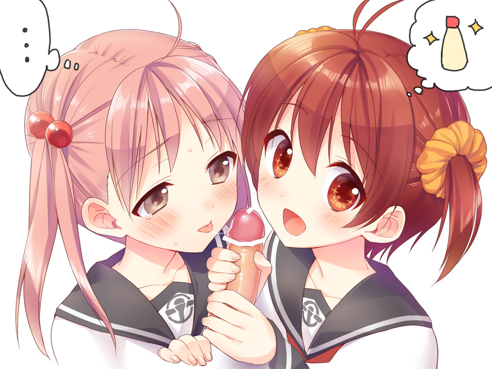 ... 2girls :d ahoge antenna_hair bar_censor blush brown_hair censored disembodied_penis fuyuichi_monme hair_bobbles hair_ornament handjob isshiki_akane isshiki_momo mayonnaise monmesan multiple_girls open_mouth penis pink_hair red_eyes red_hair saliva saliva_trail school_uniform scrunchie serafuku short_hair short_twintails siblings sisters smile speech_bubble thought_bubble tongue twintails vividred_operation