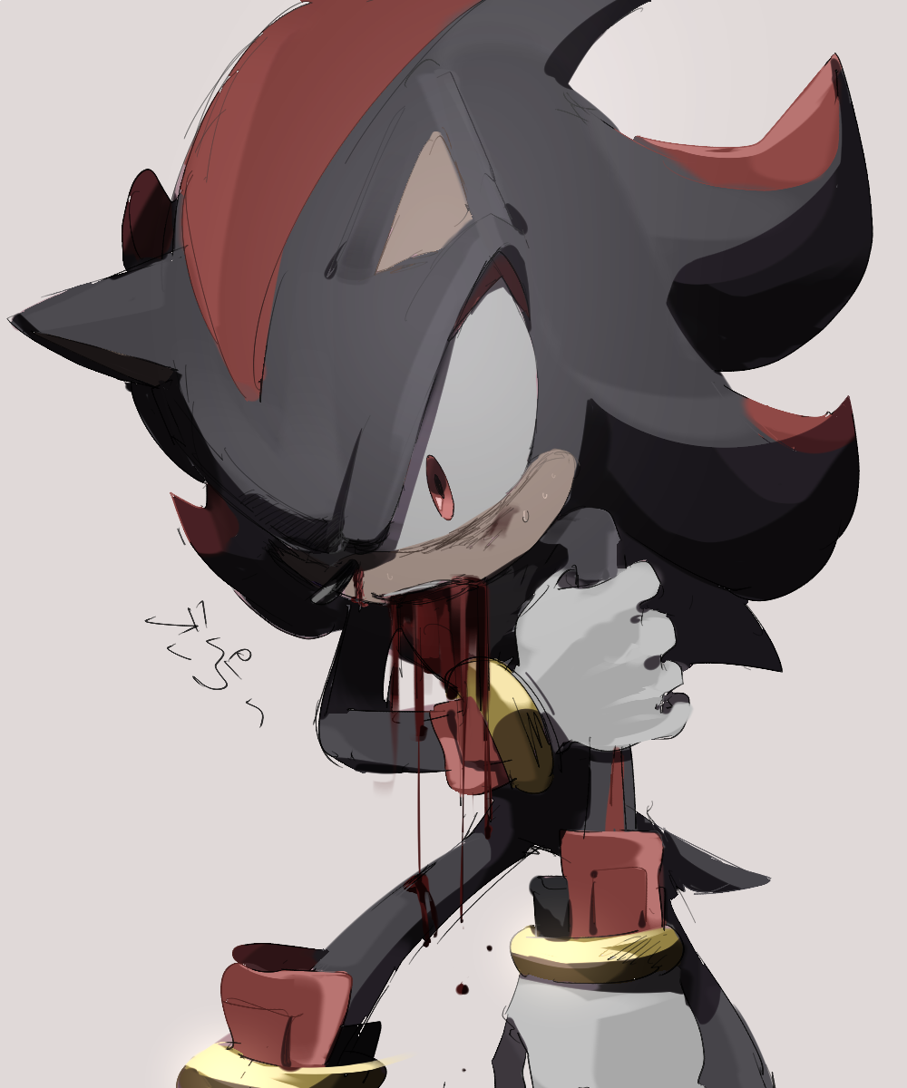 1boy animal_ears closed_eyes gloves hand_on_own_arm highres omiya599 one_eye_closed red_eyes shadow_the_hedgehog simple_background sonic_(series) vomiting_blood white_gloves