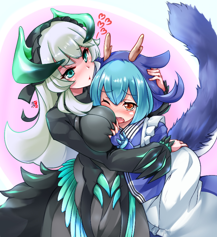 2girls apron blue_hair blush breasts chamber_dragonmaid dragon_girl dragon_horns dragon_tail dragon_wings duel_monster embarrassed grey_hair hand_on_another&#039;s_chest horns hug kemoyuri large_breasts laundry_dragonmaid long_hair long_skirt long_sleeves maid maid_headdress multiple_girls one_eye_closed orange_eyes short_twintails simple_background skirt tail twintails wa_maid white_apron wings yu-gi-oh! yuri