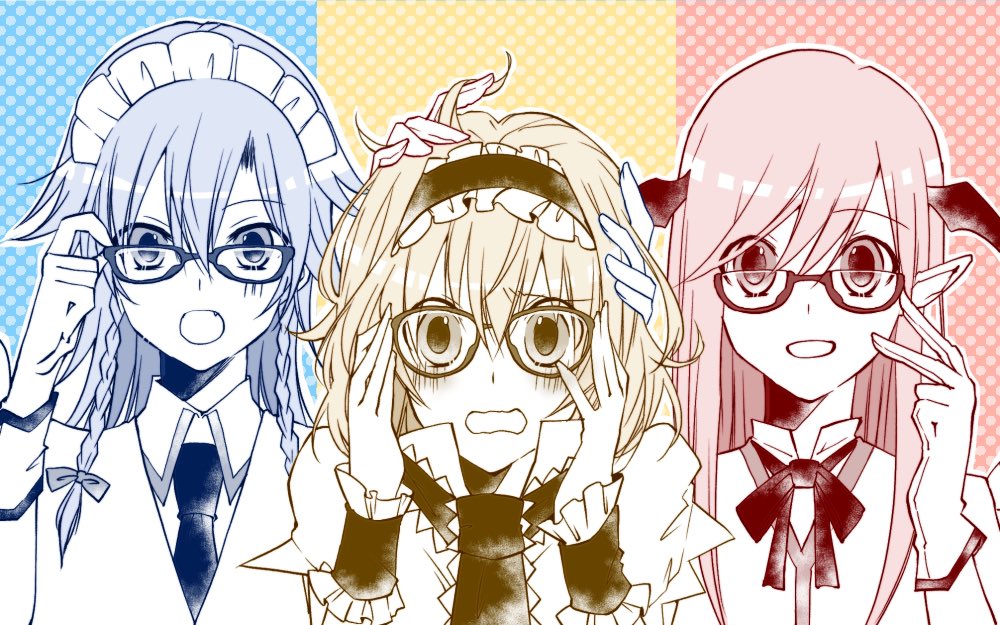 3girls :d :o adapted_costume adjusting_eyewear alice_margatroid bad_id bad_twitter_id bat_wings bespectacled blue_theme blush bow braid capelet commentary_request embarrassed eyes_visible_through_hair fang glasses gloves hair_between_eyes hair_bow hair_ribbon hairband halftone halftone_background hand_on_another&#039;s_head hands_on_own_cheeks hands_on_own_face head_wings headpat izayoi_sakuya koakuma long_hair looking_at_viewer maid maid_headdress medium_hair monochrome multiple_girls necktie open_mouth pointy_ears red_theme ribbon semi-rimless_eyewear shibi_(asagi_nezumi) short_hair sidelocks smile touhou tress_ribbon twin_braids under-rim_eyewear v wavy_mouth wings wrist_cuffs yellow_theme