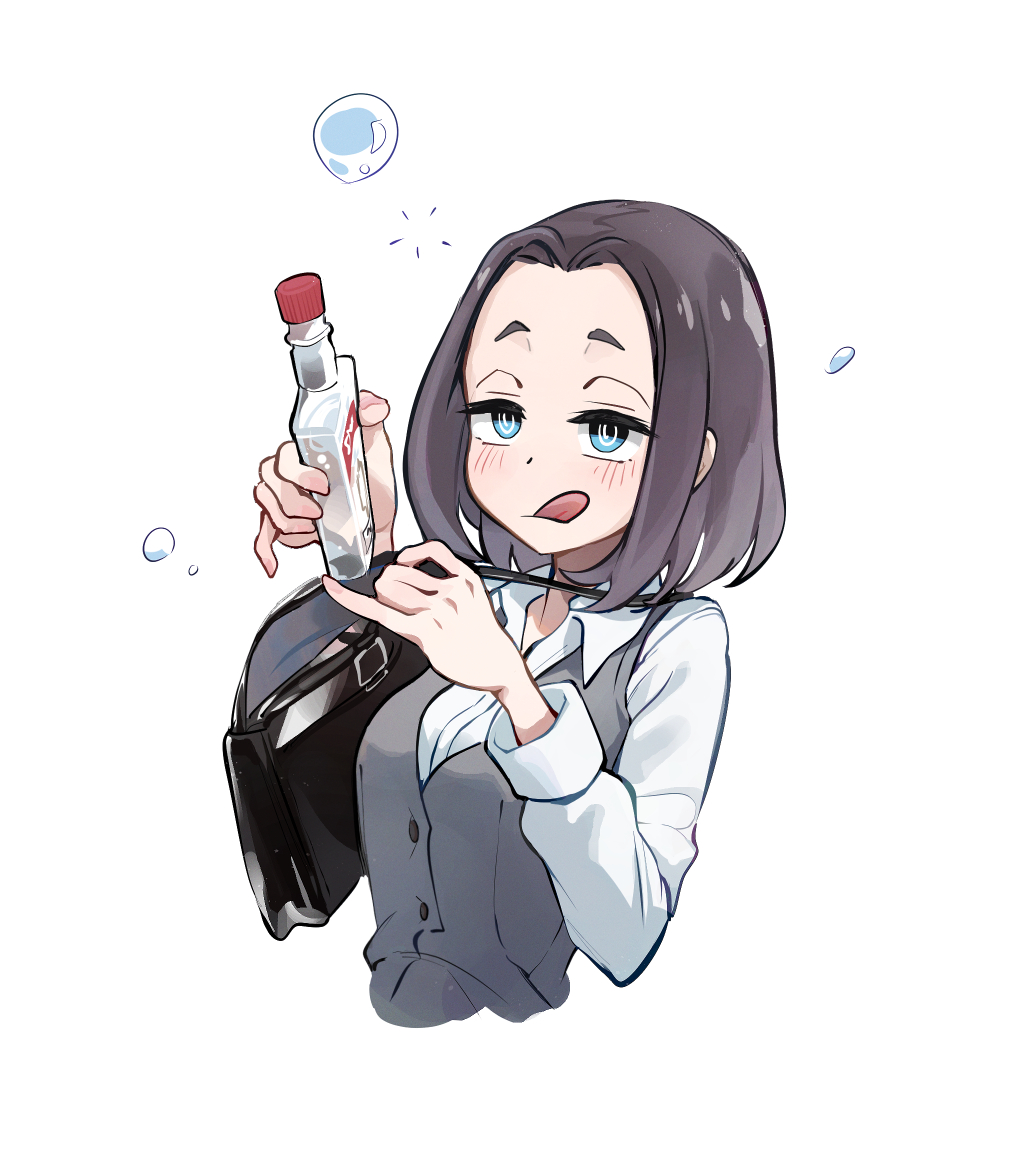 1girl :q @_@ alcohol blue_eyes bottle brown_bag brown_hair bubble collared_shirt cropped_torso dress_shirt grey_vest holding holding_bottle long_sleeves medium_hair mo0o0rae office_lady senpai_ga_uzai_kouhai_no_hanashi shirt simple_background solo squeans tongue tongue_out tsukishiro_mona_(shiromanta) vest vodka white_background white_shirt