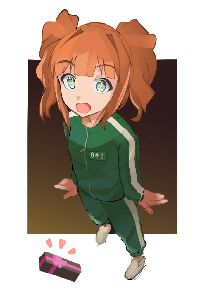 +_+ 1girl border ch2haya_p from_above full_body gift gradient_background green_eyes green_jacket green_pants idolmaster idolmaster_(classic) jacket long_sleeves open_mouth orange_hair pants shoes short_hair solo squid_game standing takatsuki_yayoi track_jacket track_pants track_suit twintails white_border white_footwear