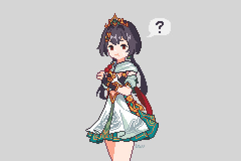 1girl ? black_hair crown detached_sleeves eating grey_background honkai:_star_rail honkai_(series) lavlav0 long_hair looking_at_viewer lowres pixel_art solo spoken_question_mark tanghulu twintails yunli_(honkai:_star_rail)