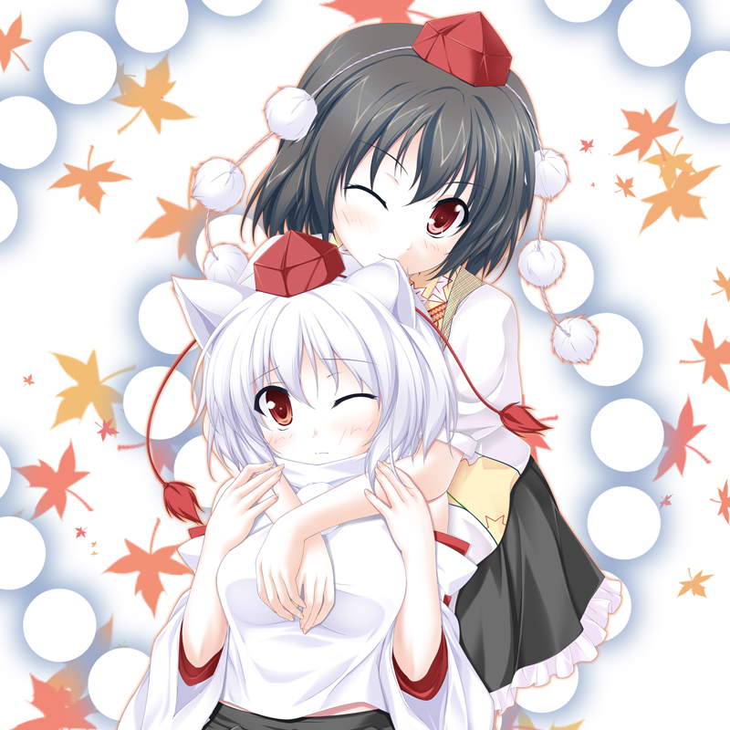 2girls amicis animal_ears biting black_hair detached_sleeves biting_ear female_focus hat inubashiri_momiji multiple_girls red_eyes shameimaru_aya short_hair tokin_hat touhou white_hair wink wolf_ears