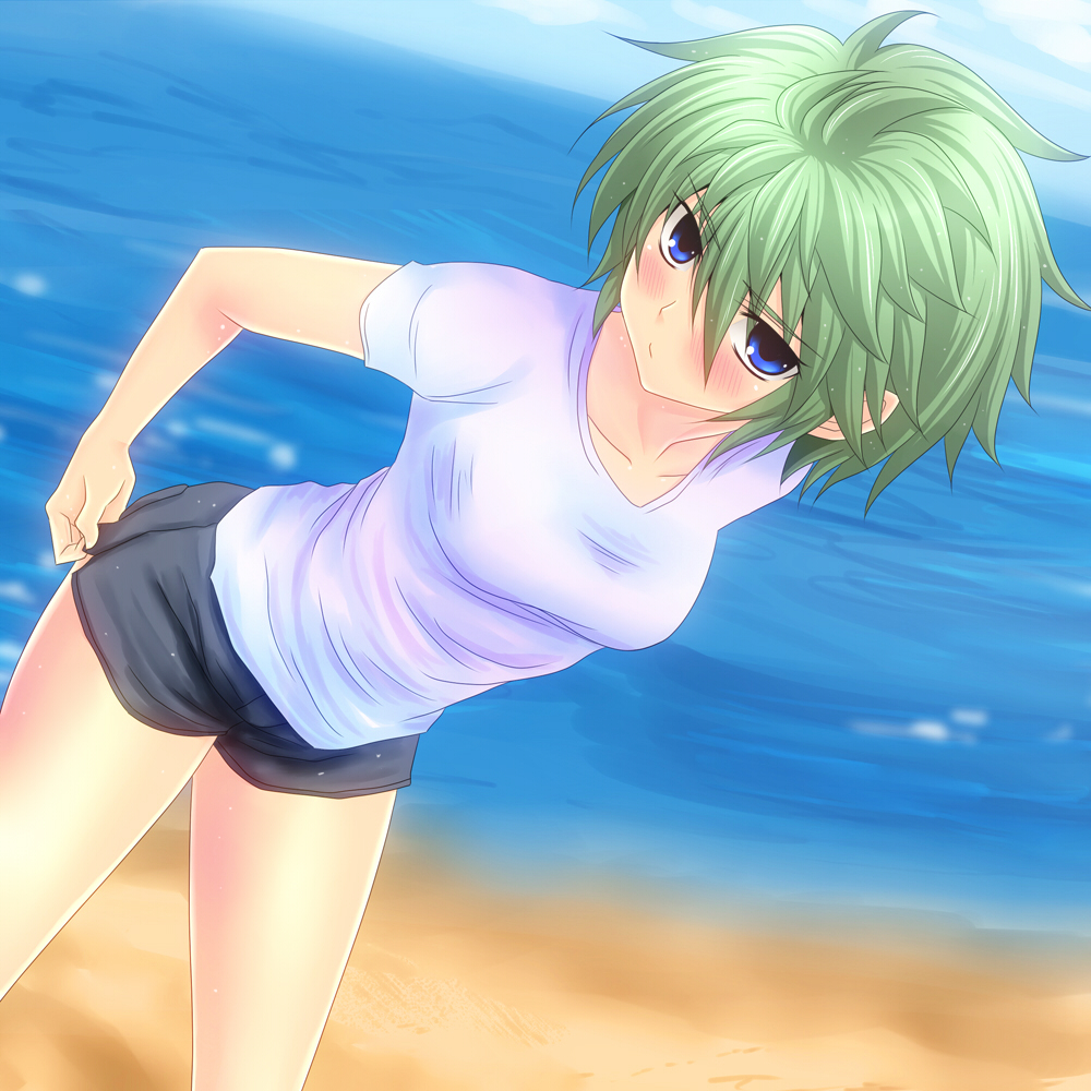 1girl adjusting_clothes banpresto beach blue_eyes breasts collarbone dutch_angle ester_elhas female_focus green_hair leaning_forward ocean shirt short_hair short_shorts shorts solo super_robot_wars super_robot_wars_z super_robot_wars_z2 t-shirt taut_clothes taut_shirt watarui