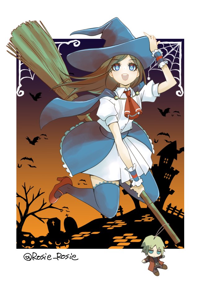 1girl artist_name ascot bat_(animal) blue_capelet blue_eyes blue_hat blue_thighhighs broom broom_riding brown_hair capelet castle castlevania:_portrait_of_ruin castlevania_(series) charlotte_aulin hand_on_headwear hat jonathan_morris long_hair open_mouth red_ascot red_footwear rosie_rosie shirt silk skirt smile spider_web stuffed_toy thighhighs tombstone tree white_shirt witch_hat