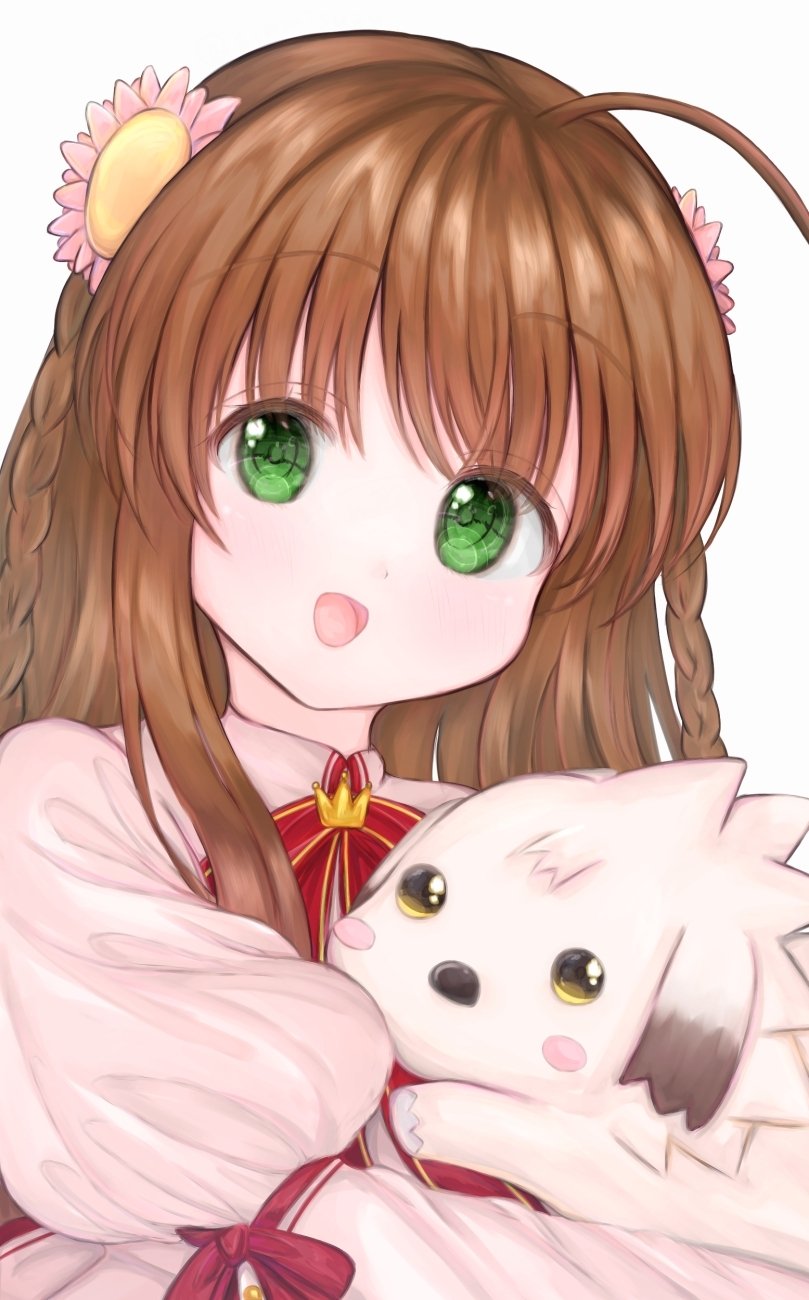 1girl :d ahoge animal blush blush_stickers braid bright_pupils brown_hair chibi-moth close-up commentary_request crown eyes_visible_through_hair flower green_eyes hair_between_eyes hair_flower hair_ornament happy highres holding holding_animal juliet_sleeves kanbe_kotori kazamatsuri_institute_high_school_uniform long_hair long_sleeves looking_at_viewer mini_crown neck_ribbon open_mouth pink_flower puffy_sleeves red_ribbon rewrite ribbon sakata_misuzu school_uniform simple_background smile solo tareme twin_braids white_background