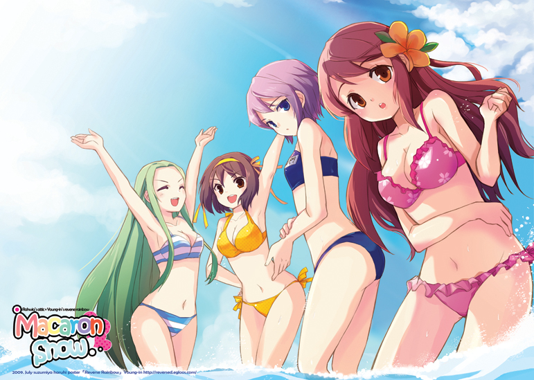 00s 4girls arms_up asahina_mikuru bad_id bad_pixiv_id bikini blue_eyes brown_eyes brown_hair day flower green_hair hair_ornament hairband jin_young-in long_hair multiple_girls nagato_yuki o/ outstretched_arms purple_hair striped_bikini striped_clothes suzumiya_haruhi suzumiya_haruhi_no_yuuutsu swimsuit tsuruya very_long_hair