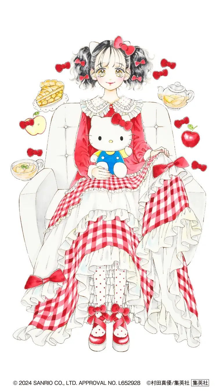 1girl animal_ears apple apple_pie armchair black_hair blue_overalls blush bow bow_hairband bow_shoes cat_ears chair checkered_clothes checkered_dress closed_mouth cup dress food fruit hair_bow hairband hand_up hello_kitty hello_kitty_(character) highres honey_lemon_soda ishimori_uka jug_(bottle) lace lace-trimmed_dress lace_trim long_hair long_sleeves looking_at_viewer overalls pie red_dress red_ribbon ribbon sanrio shirt simple_background sitting smile socks tea teacup twintails white_background white_dress white_socks yellow_eyes yellow_shirt