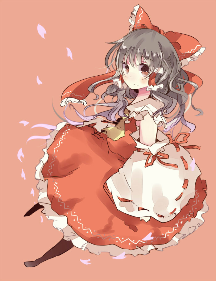 1girl ascot bad_id bad_pixiv_id black_hair blush bow brown_eyes detached_sleeves female_focus hair_bow hair_tubes hakurei_reimu japanese_clothes miko pasutel petals shirt skirt skirt_set smile solo touhou