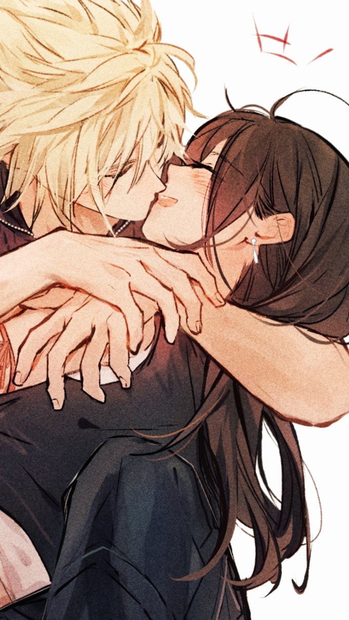 +++ 1boy 1girl arms_around_neck bare_arms bare_shoulders black_hair black_vest blonde_hair blush closed_eyes cloud_strife couple crop_top earrings facing_another final_fantasy final_fantasy_vii final_fantasy_vii_advent_children hair_behind_ear highres hug imminent_kiss jewelry long_hair maiii_(smaii_i) open_mouth profile short_hair simple_background single_earring smile spiked_hair tank_top teardrop_earrings tifa_lockhart upper_body vest white_background white_tank_top