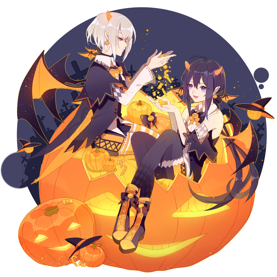 10s 2333 2boys ahoge androgynous argyle_clothes argyle_legwear bat_wings black_hair bow bowtie candy cross earrings fang food halloween hat honebami_toushirou horns jack-o&#039;-lantern jewelry male_focus multiple_boys namazuo_toushirou open_mouth pointy_ears ponytail pumpkin purple_eyes shorts smile striped_legwear thighhighs touken_ranbu white_hair wings witch_hat