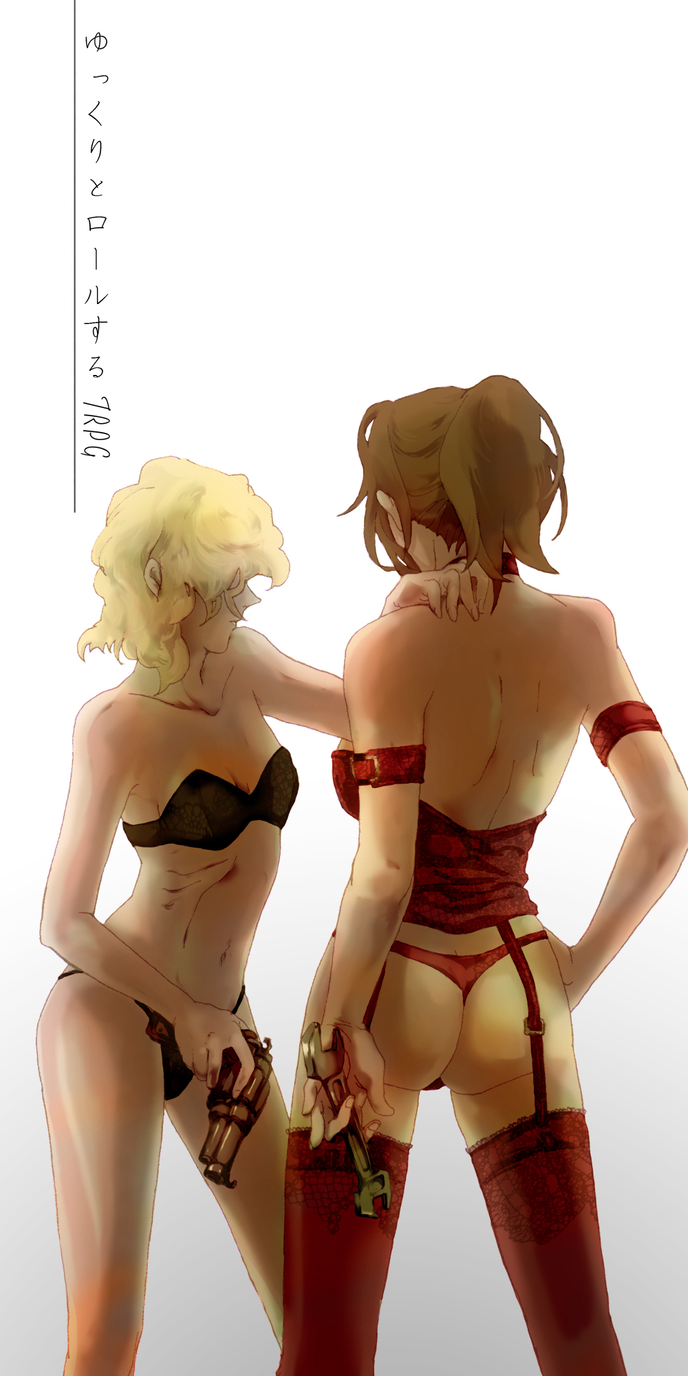 2girls armlet ass back bare_arms bare_back bare_legs bare_shoulders black_bra black_panties blonde_hair bra breasts brown_hair bustier collar copyright_name corset cowboy_shot faceless faceless_female female_focus garter_straps gradient_background gun hakurei_reimu hand_on_another&#039;s_shoulder hand_on_own_hip handgun high_ponytail highres holding holding_gun holding_weapon jewelry kanbi_marisa kirisame_marisa kureha_reimu lace lace-trimmed_legwear lace_trim legs lingerie looking_away looking_to_the_side marisa_carnby medium_breasts midriff multiple_girls navel panties pistol ponytail red_legwear red_panties revolver sa_to short_hair simple_background small_breasts smile standing strapless strapless_bra thighhighs thong touhou translation_request underwear underwear_only weapon white_background wrench yukkuri_to_rooru_suru_trpg