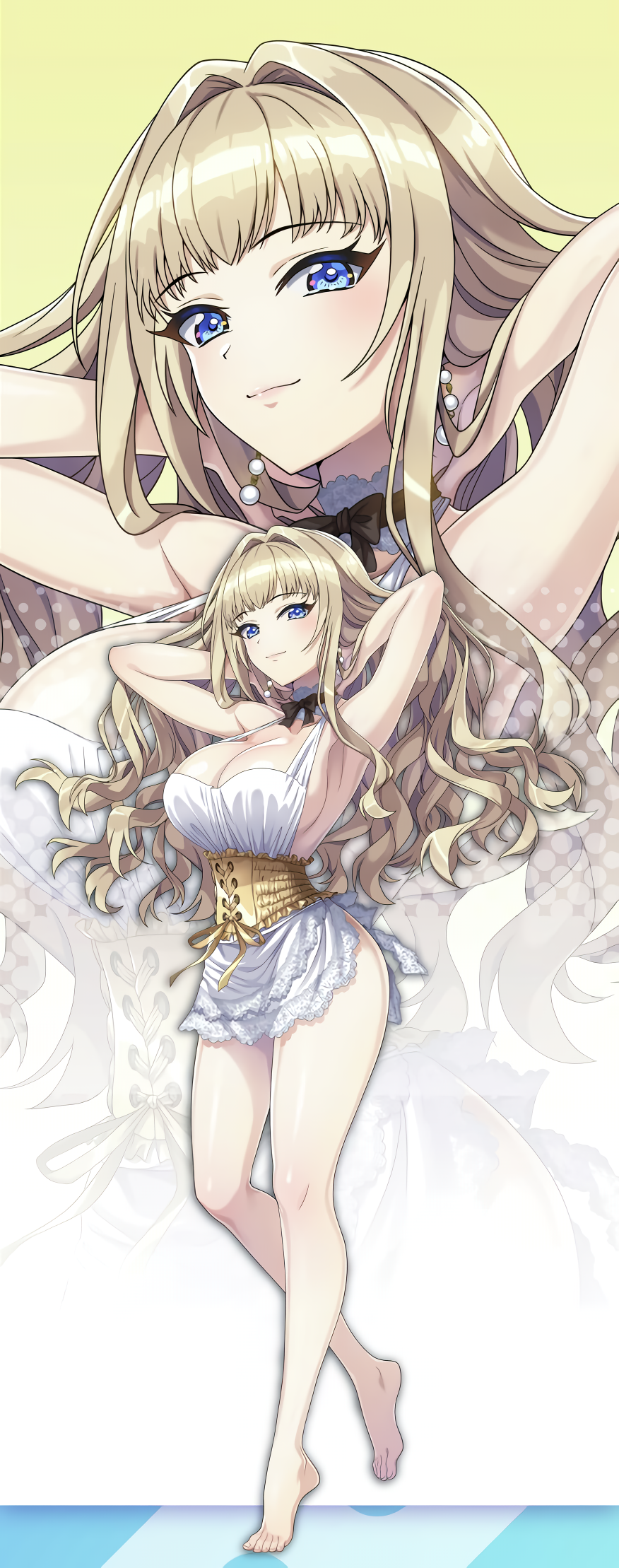 1girl apron armlet arms_up artist_request barefoot blonde_hair blue_eyes bracelet breasts character_name cleavage collar dolphin_wave dress earrings full_body gold_trim highres hoop_earrings jewelry kirahoshi_kanna kneeling large_breasts logo long_hair looking_at_viewer official_art ootomo_takuji open_mouth shiny_skin sideboob simple_background smile solo thighs