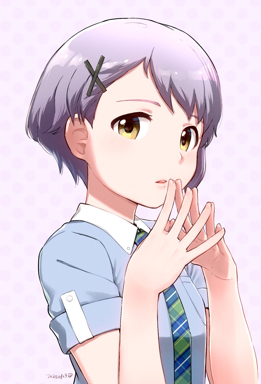 blue_shirt breasts commentary_request eyebrows hair_ornament hairclip highres idolmaster idolmaster_million_live! idolmaster_million_live!_theater_days looking_at_viewer makabe_mizuki nagian necktie open_mouth own_hands_together polka_dot polka_dot_background purple_background purple_hair shirt short_bangs short_hair short_sleeves small_breasts solo wing_collar yellow_eyes