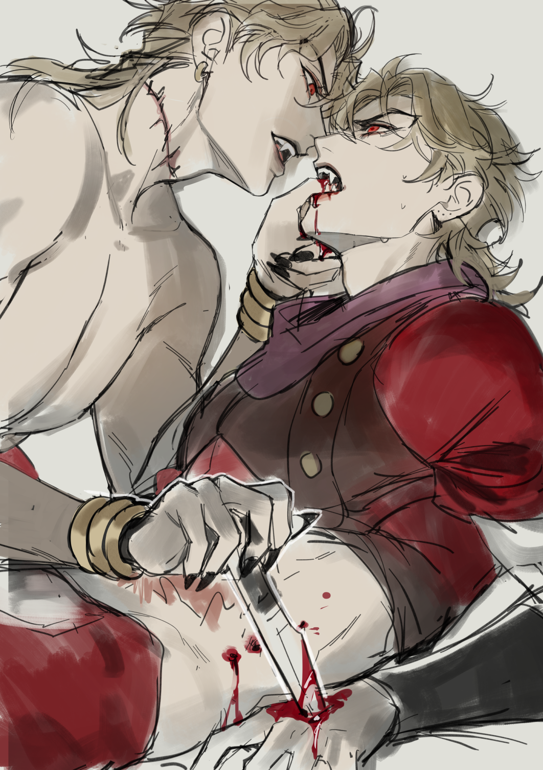 2boys black_nails bleeding blonde_hair blood blood_from_mouth blood_on_face blood_on_hands bloody_knife bloody_weapon brace bustersiri dio_brando ear_birthmark eye_contact face-to-face fangs fangs_out finger_in_another&#039;s_mouth fingernails highres holding holding_knife injury jojo_no_kimyou_na_bouken knife long_fingernails long_hair looking_at_another male_focus multiple_boys muscular open_mouth phantom_blood red_eyes red_shirt scar scar_on_neck selfcest shirt simple_background stab stardust_crusaders stitched_neck stitches topless_male vampire weapon white_background yaoi