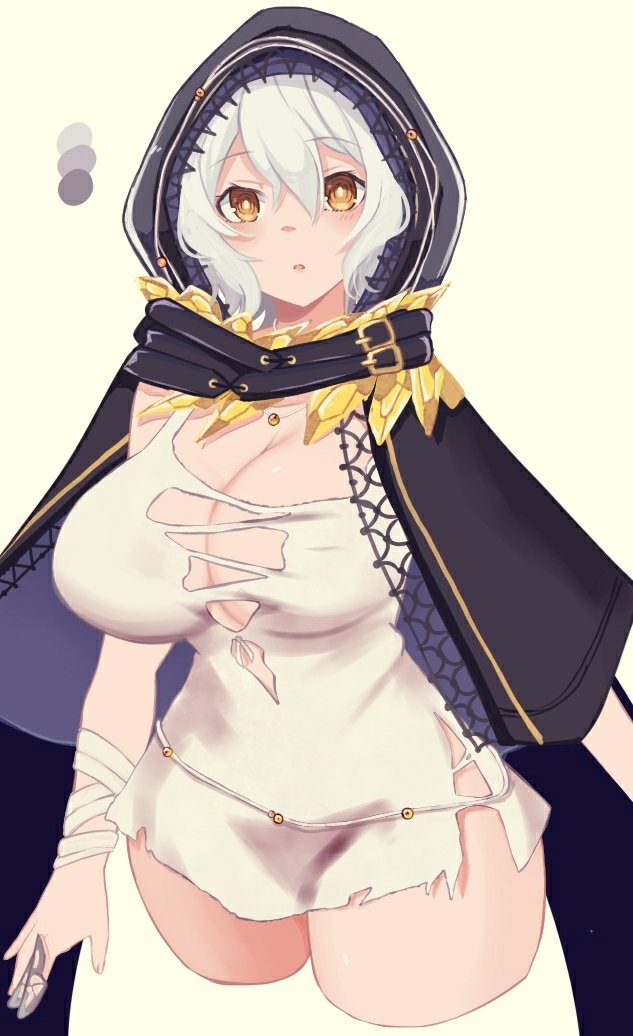 1girl artist_request bandages breasts cape cleavage code_vein dress io_(code_vein) large_breasts looking_at_viewer thick_thighs thighs torn_clothes torn_dress vampire veil white_dress white_hair yellow_eyes