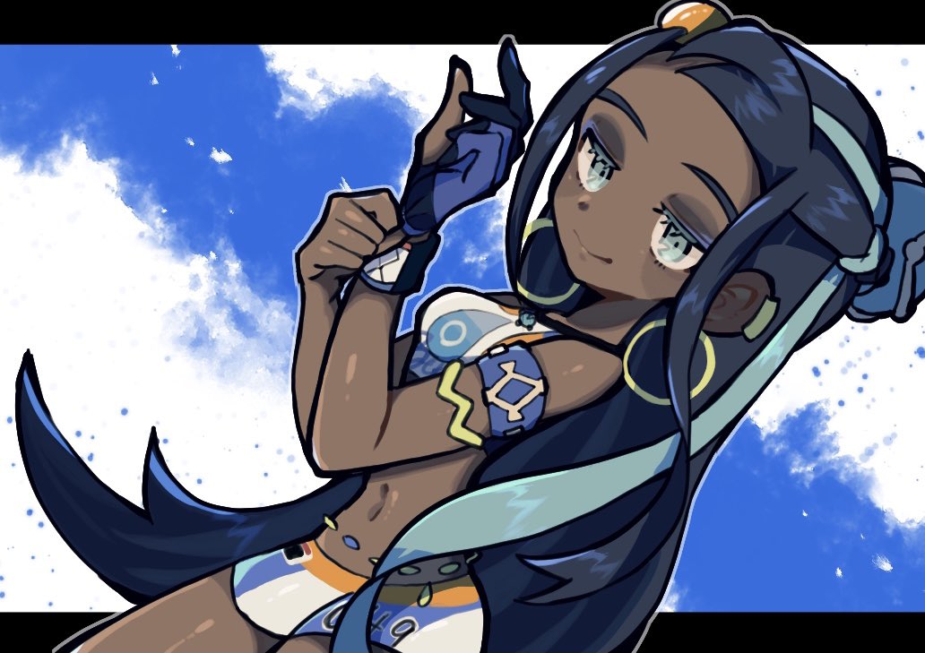 1girl armlet belly_chain bike_shorts black_hair blue_eyeshadow closed_mouth cloud commentary_request creatures_(company) dark-skinned_female dark_skin donguri_big dynamax_band ear_piercing earrings eyelashes eyeshadow game_freak gloves green_eyes green_hair gym_leader hair_bun hands_up hoop_earrings jewelry long_hair makeup multicolored_hair navel necklace nessa_(pokemon) nintendo piercing pokemon pokemon_swsh single_glove single_hair_bun sky smile solo two-tone_hair