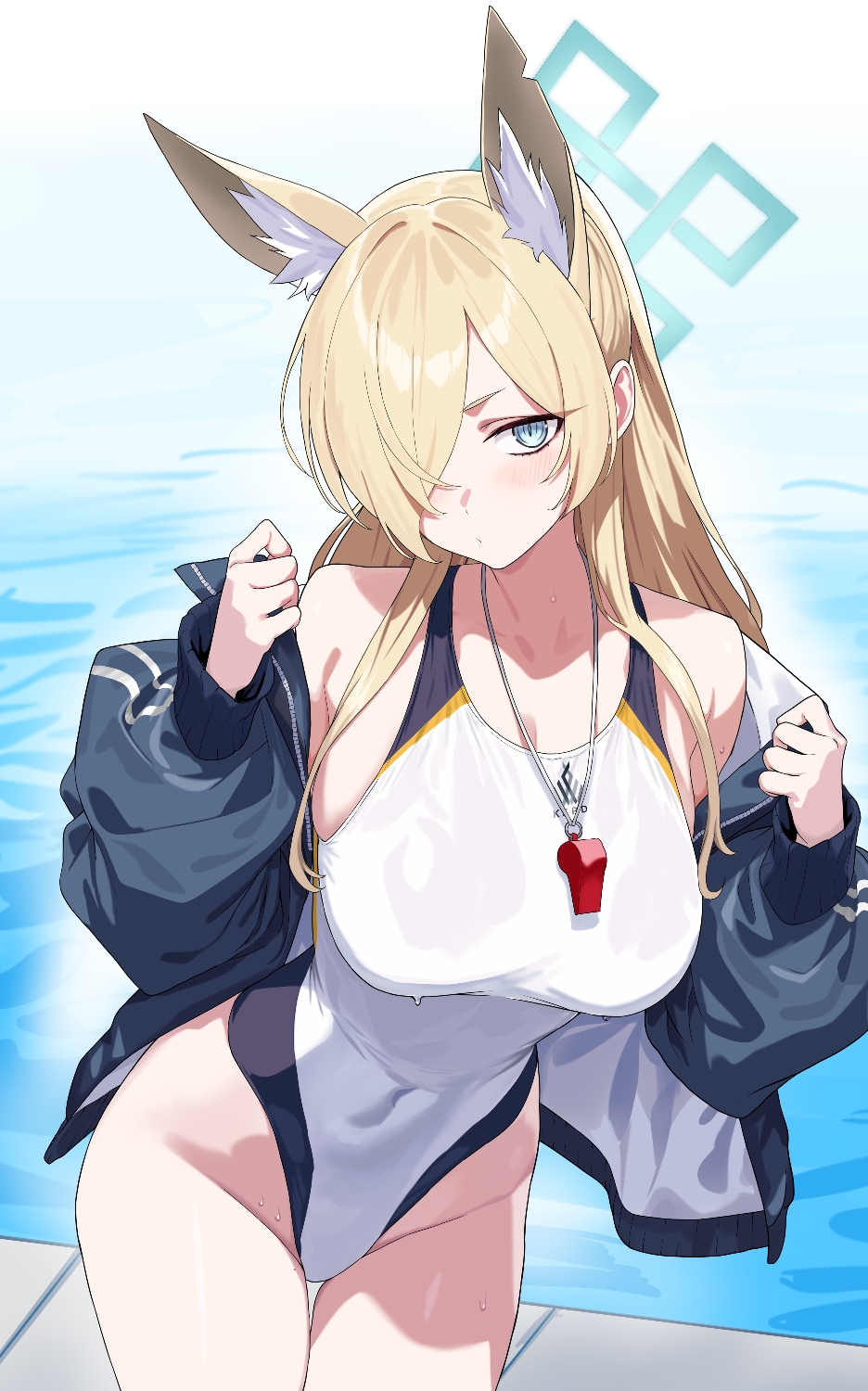 1girl animal_ear_fluff animal_ears bent_over blonde_hair blue_archive blue_eyes blue_halo breasts competition_swimsuit dog_ears extra_ears hair_over_one_eye halo hands_up hidis0086 highres jacket kanna_(blue_archive) kanna_(swimsuit)_(blue_archive) large_breasts long_hair looking_at_viewer official_alternate_costume one-piece_swimsuit open_clothes ponytail poolside solo swimsuit wet wet_clothes wet_swimsuit whistle whistle_around_neck white_one-piece_swimsuit