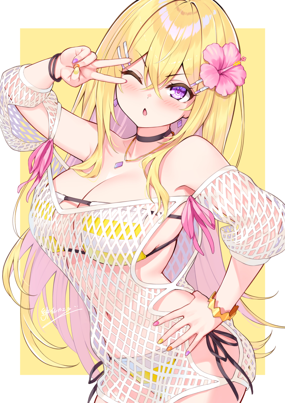 1girl ;o bikini black_choker blonde_hair blush bracelet breasts choker commentary_request cu-no fishnets flower hair_between_eyes hakurei_botan highres hisen_kaede jewelry large_breasts looking_at_viewer multicolored_nails nail_polish necklace one_eye_closed orange_nails pink_flower purple_eyes purple_nails side-tie_bikini_bottom solo swimsuit two-tone_background v white_background yellow_background yellow_bracelet