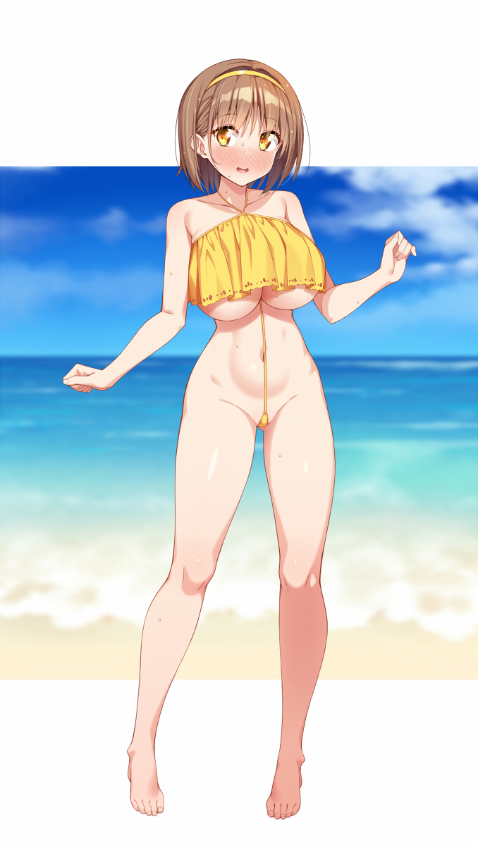 1girl beach blue_sky blurry blurry_background blush breasts brown_hair cloud commentary_request day frilled_slingshot_swimsuit full_body hairband highres hotaka_mai kazuma_(kazumav) large_breasts letterboxed navel ocean open_mouth original outdoors short_hair sky slingshot_swimsuit smile solo standing swimsuit teeth toes upper_teeth_only yellow_eyes yellow_slingshot_swimsuit