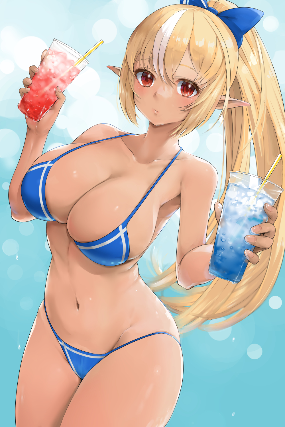 1girl :/ bikini blonde_hair blue_bikini blue_bow bow breasts closed_mouth cowboy_shot cup dark-skinned_female dark_elf dark_skin disposable_cup drinking_straw elf groin hair_bow highres holding holding_cup hololive ice ice_cube incoming_drink kntrs_(knyrs) large_breasts long_hair looking_at_viewer multicolored_hair navel pointy_ears ponytail red_eyes shiranui_flare skindentation solo stomach streaked_hair swimsuit thighs very_long_hair virtual_youtuber white_hair