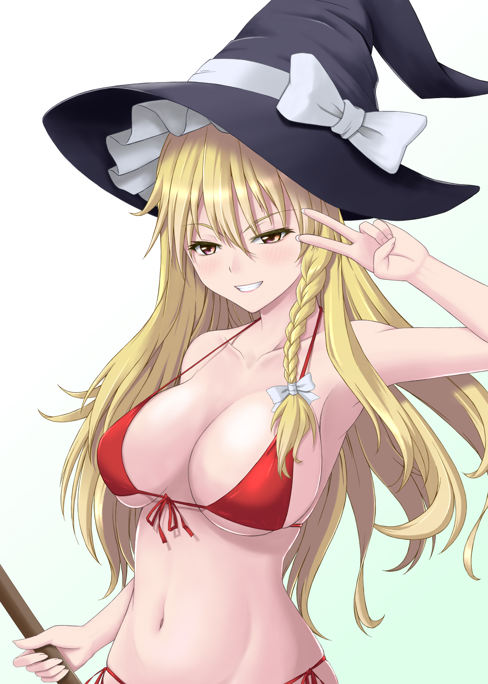 1girl bikini blonde_hair bow braid breasts broom collarbone commentary_request hair_bow hat hat_bow highres kirisame_marisa large_breasts midriff navel red_bikini side_braid single_braid solo swimsuit touhou vision_(gruene) white_bow witch_hat yellow_eyes