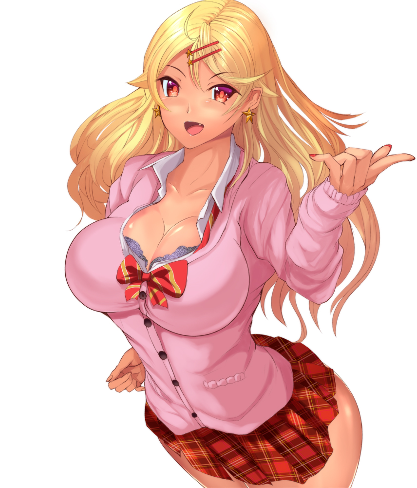 1girl artist_request blonde_hair blush bra breasts cleavage dark-skinned_female dark_skin female_focus hair_between_eyes large_breasts looking_at_viewer open_mouth ouga_saki school_uniform shiny_skin smile solo underwear upper_body virtual_youtuber