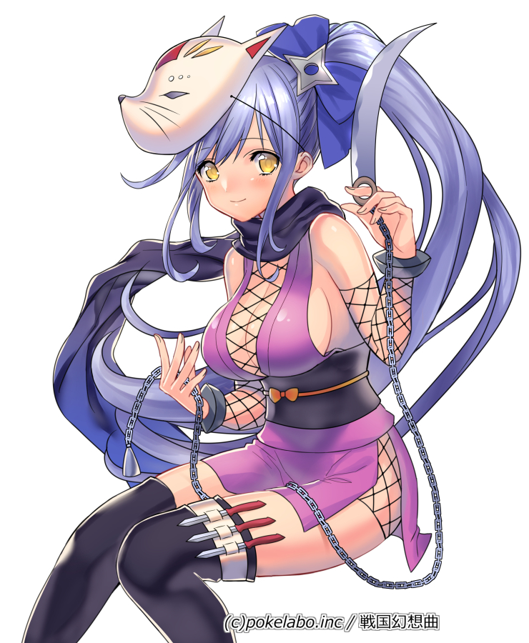 1girl black_thighhighs blue_hair blush bow breasts chain character_request cleavage dress female_focus fishnet_top fishnets fox_mask fuji_minako hair_bow holding holding_weapon large_breasts long_hair mask ninja official_art ponytail purple_dress scarf sengoku_gensoukyoku shuriken smile solo thighhighs watermark weapon white_background yellow_eyes