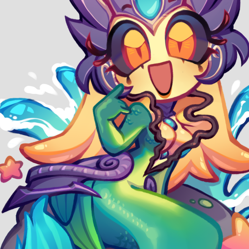 1girl :d armor black_sclera breasts cleavage colored_sclera colored_skin galactic_titty gem green_skin grey_background hand_up happy large_breasts league_of_legends mermaid monster_girl multicolored_skin nami_(league_of_legends) open_mouth smile solo two-tone_skin yellow_eyes