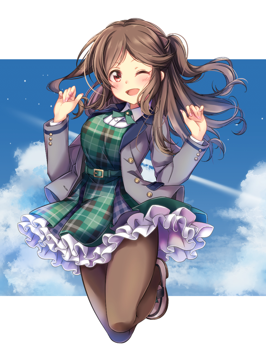 1girl ;d black_pantyhose blazer blue_sky blush brown_hair cloud contrail dress full_body green_dress grey_jacket highres idolmaster idolmaster_cinderella_girls jacket jumping letterboxed looking_at_viewer mitsuki_(omezame_alice) momoi_azuki nail_polish one_eye_closed one_side_up open_mouth pantyhose petticoat plaid_clothes plaid_dress sky smile solo