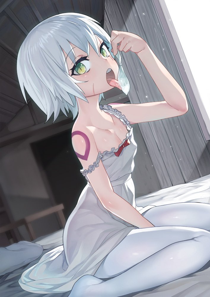 1girl bare_arms bare_shoulders bed between_legs blush bow breasts cleavage collarbone commentary_request condom cum day dress dutch_angle facial_scar fate/apocrypha fate/grand_order fate_(series) flat_chest frilled_dress frills from_side green_eyes hair_between_eyes hand_between_legs henry_bird_9 holding holding_condom indoors jack_the_ripper_(fate/apocrypha) licking light_particles looking_at_viewer no_bra official_alternate_costume on_bed open_mouth pantyhose photoshop_(medium) pillow red_bow scar scar_on_cheek scar_on_face shiny_clothes shiny_skin short_hair shoulder_tattoo sideways_glance sitting slit_pupils solo straight_hair strap_gap strap_slip sunlight table tattoo teeth textless_version tongue tongue_out upper_teeth_only used_condom wariza white_dress white_hair white_pantyhose window wooden_ceiling wooden_wall