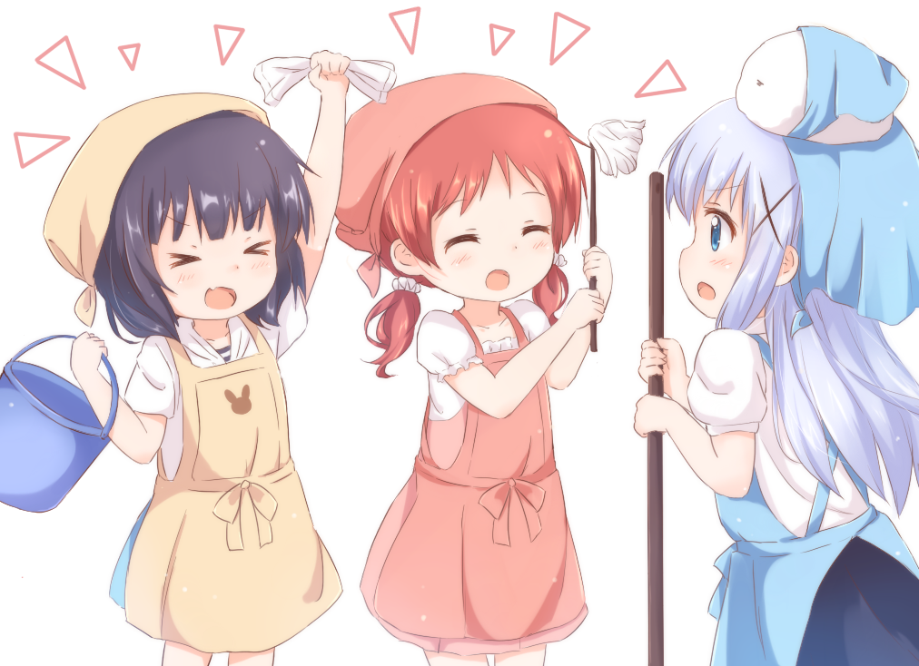 3girls :d ^_^ araki495 arm_up blue_hair blush chimame-tai closed_eyes commentary_request fang gochuumon_wa_usagi_desu_ka? hair_between_eyes hair_ornament holding jouga_maya kafuu_chino long_hair looking_at_another multiple_girls natsu_megumi open_mouth red_hair short_hair smile twintails x_hair_ornament