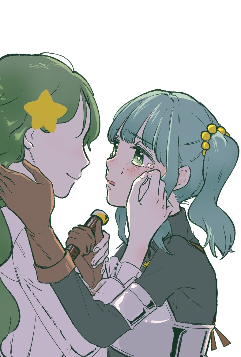 2girls ai-chan_(madoka_magica) armlet armor blush breastplate bright_pupils brown_gloves brown_ribbon closed_mouth commentary crying crying_with_eyes_open english_commentary eyelashes face-to-face faceless faceless_female fingernails frilled_sleeves frills futaba_sana gloves green_eyes green_hair green_shirt green_theme hair_bobbles hair_intakes hair_ornament hand_on_another&#039;s_cheek hand_on_another&#039;s_face hand_on_another&#039;s_neck holding holding_sword holding_weapon jewelry long_hair long_sleeves looking_at_another magia_record:_mahou_shoujo_madoka_magica_gaiden magical_girl mahou_shoujo_madoka_magica muhan1234567 multiple_girls no_headwear open_mouth ribbon sad shirt sidelocks simple_background smile stab star_(symbol) star_hair_ornament sword tears turtleneck turtleneck_shirt twintails upper_body wavy_hair weapon white_background white_pupils white_shirt wiping_tears