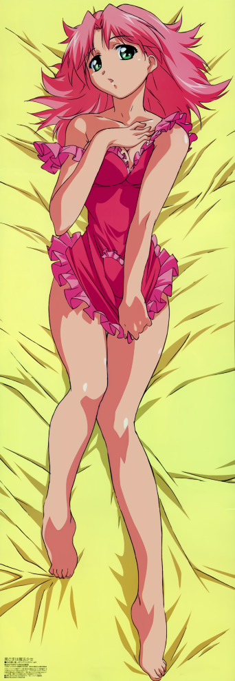 1girl apron apron_tug asaba_ureshiko barefoot bed_sheet breasts cleavage dakimakura_(medium) full_body green_eyes hasegawa_shin&#039;ya long_hair naked_apron non-web_source official_art okusama_wa_mahou_shoujo pink_hair solo strap_slip