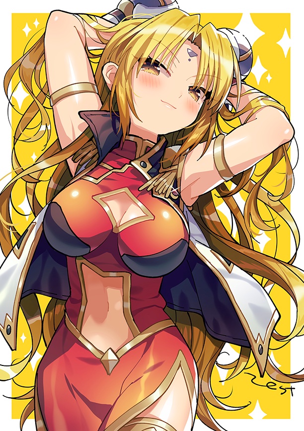 armpits arms_behind_head arms_up artist_name blonde_hair breasts chinese_clothes cleavage closed_mouth commentary_request galaxy_angel jacket looking_at_viewer navel ranpha_franboise simple_background sleeveless yellow_background yellow_eyes zest_(lossol)