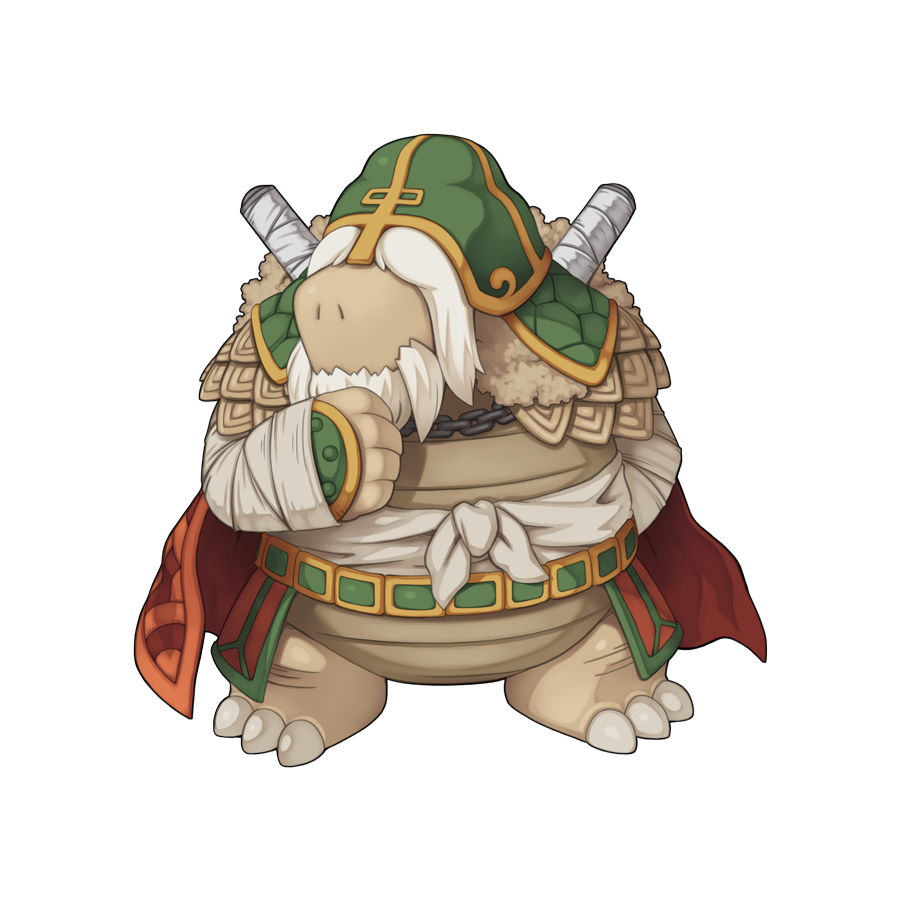 1boy barefoot beard belt cape chibi chibi_only facial_hair full_body furry furry_male gold_trim green_belt hair_over_eyes helmet male_focus official_art orange_cape ragnarok_online simple_background solo standing sword transparent_background turtle_boy turtle_general weapon weapon_on_back white_hair yuichirou