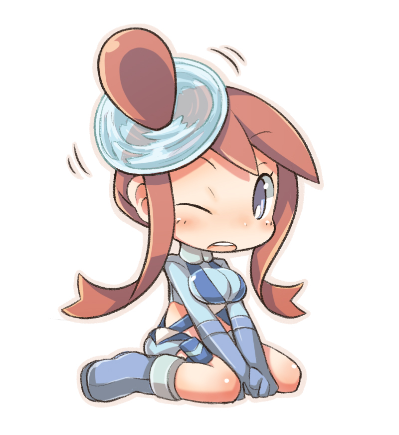 10s 1girl bad_id bad_pixiv_id blue_eyes blue_footwear boots breasts chibi creatures_(company) female_focus game_freak gunjima_souichirou gym_leader hair_ornament nintendo one_eye_closed pokemon pokemon_bw red_hair skyla_(pokemon) solo wink