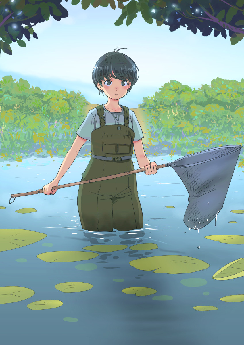 1girl belt black_eyes black_hair commentary_request day fujisawa_takashi highres holding_net lily_pad long_hair original outdoors overalls short_hair short_sleeves solo tree wading water