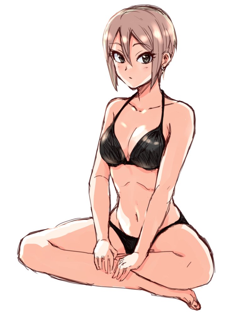 1girl bare_shoulders bikini black_bikini black_eyes breasts cleavage collarbone crossed_legs earrings female_focus hair_between_eyes idolmaster idolmaster_cinderella_girls jewelry keikesu looking_at_viewer medium_breasts navel pale_skin ribs shiomi_syuko short_hair silver_hair simple_background sitting skinny solo swimsuit white_background