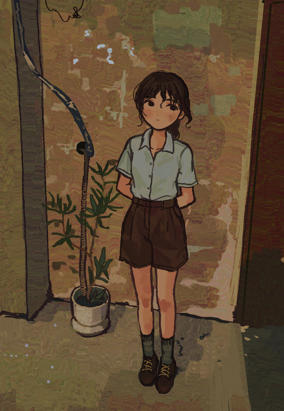 1girl arms_behind_back black_eyes black_hair black_shorts collared_shirt commentary door english_commentary highres io_(onisarashi) original plant ponytail potted_plant shirt shirt_tucked_in shoes short_sleeves shorts socks solo standing white_shirt