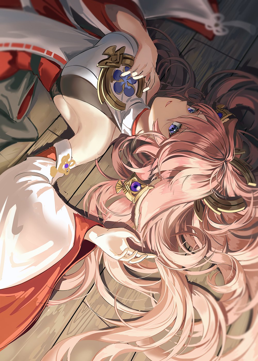 1girl arm_up armpits bare_shoulders breasts detached_sleeves dress gem genshin_impact hair_between_eyes hand_on_own_chest highres japanese_clothes large_breasts long_hair long_sleeves looking_at_viewer lying miko pink_hair purple_eyes red_dress sidelocks silence_girl smile solo very_long_hair vision_(genshin_impact) white_dress wide_sleeves wooden_floor yae_miko