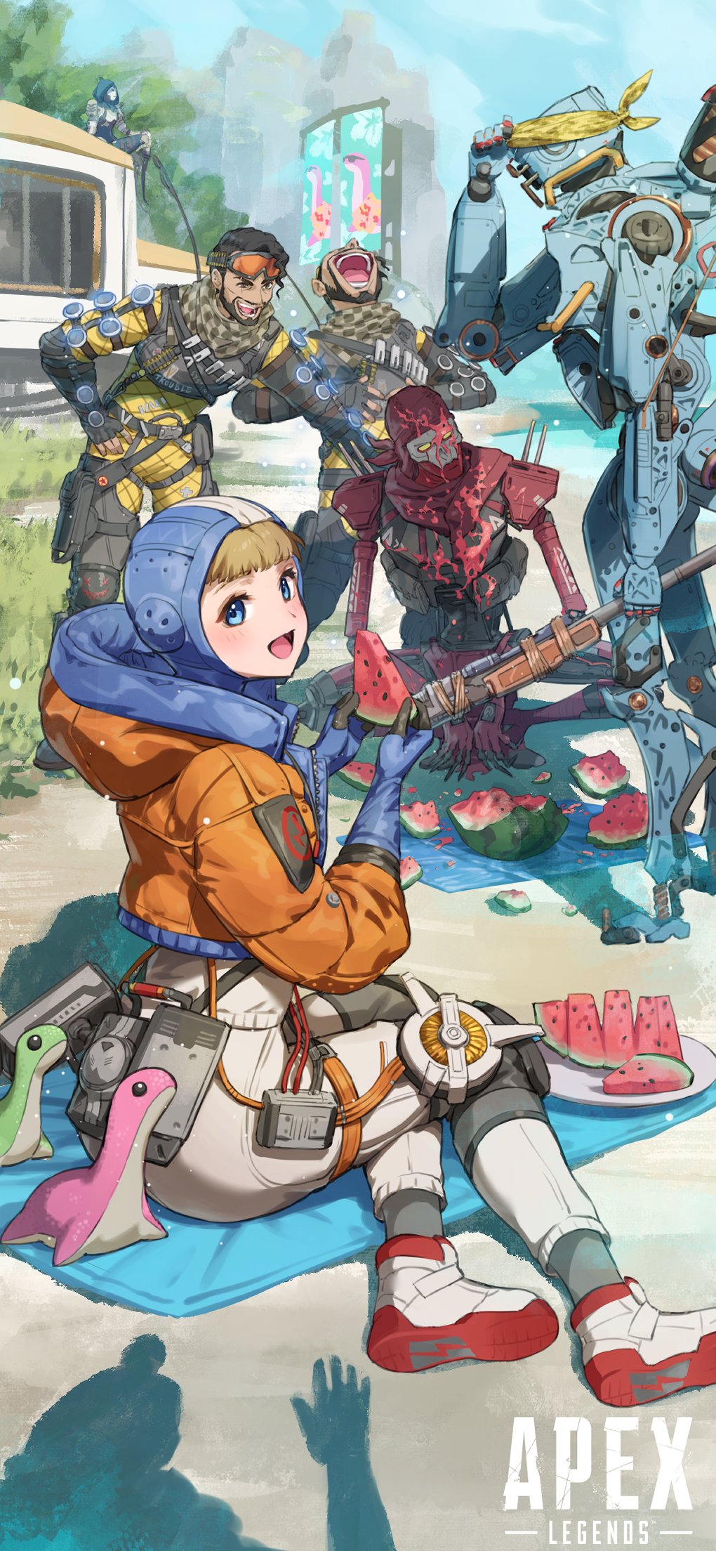 2girls 4boys android animification apex_legends ash_(titanfall_2) bandana black_hair blonde_hair blush bodysuit classic_revenant clone food fruit goggles goggles_on_head highres hood hood_up hooded_bodysuit hooded_jacket humanoid_robot jacket laughing looking_to_the_side mirage_(apex_legends) multiple_boys multiple_girls nemoto_yuuma nessie_(respawn) official_art open_mouth orange_jacket pathfinder_(apex_legends) promotional_art red_bandana revenant_(apex_legends) robot science_fiction shadow shoes simulacrum_(titanfall) sitting smile sneakers storm_point_(apex_legends) stuffed_toy suikawari watermelon white_bodysuit white_footwear wraith_(apex_legends) yellow_bodysuit