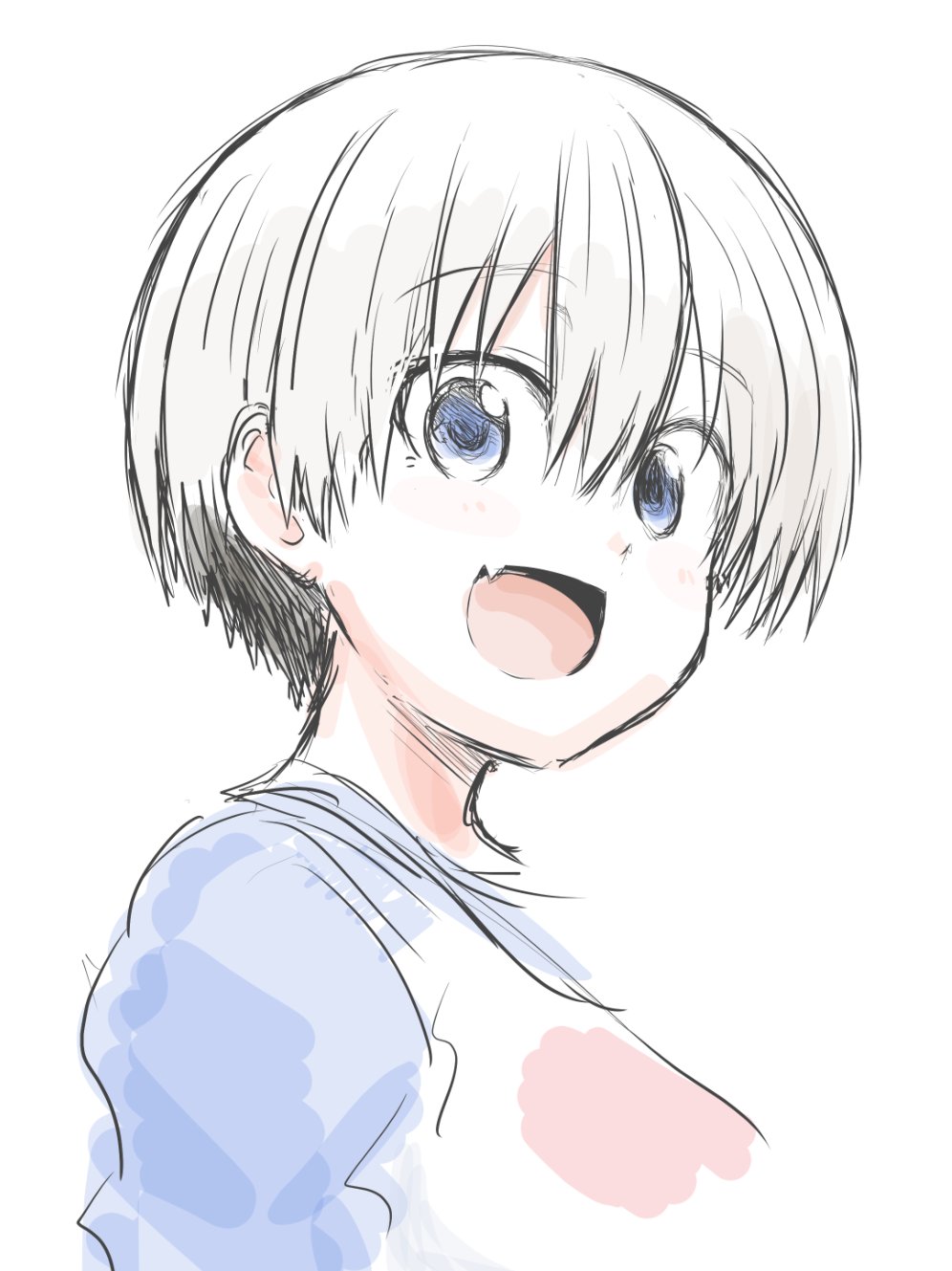 1girl blue_eyes breasts fang grey_hair highres large_breasts looking_at_viewer open_mouth shirt short_hair smile solo tomboy tongue uzaki-chan_wa_asobitai! uzaki_hana