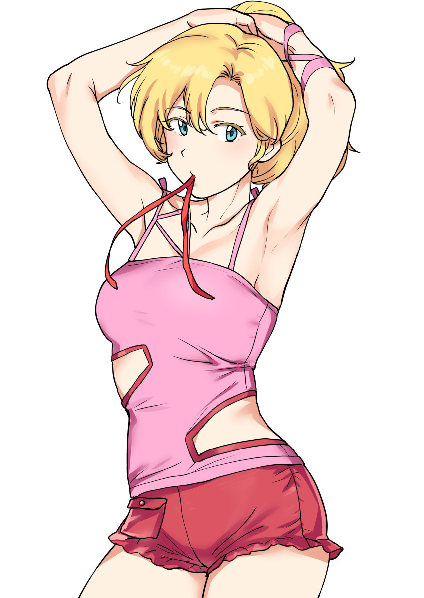 1girl armpits arms_up bare_arms bare_shoulders blonde_hair blue_eyes breasts camisole casual collarbone colored_eyelashes commentary_request contrapposto elle_vianno gundam gundam_zz hairdressing highres long_hair looking_at_viewer medium_breasts mouth_hold pocket ponytail red_shorts short_shorts shorts simple_background solo tsurui tying_hair white_background