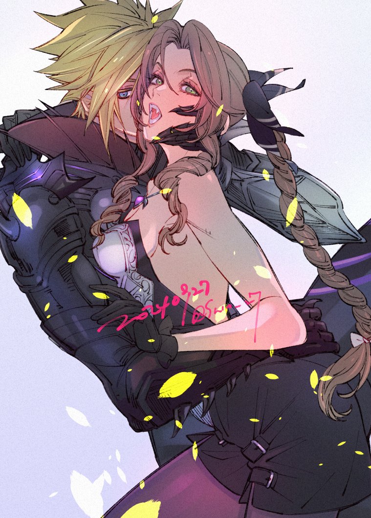 1boy 1girl aerith_gainsborough aerith_gainsborough_(bahamut_robe) arm_around_neck arm_around_waist armor backless_outfit bare_shoulders black_armor black_gloves black_ribbon black_shorts blonde_hair blue_eyes braid braided_ponytail breasts brown_hair clawed_gauntlets cloud_strife cloud_strife_(bahamut_garb) couple dated falling_petals final_fantasy final_fantasy_vii final_fantasy_vii_ever_crisis gloves green_eyes grey_background hair_between_eyes hair_ribbon hand_on_another&#039;s_arm hand_on_another&#039;s_cheek hand_on_another&#039;s_face hetero long_hair looking_at_viewer medium_breasts official_alternate_costume open_mouth pantyhose parted_bangs petals popped_collar purple_pantyhose ribbon sharp_teeth short_hair shorts sideboob sidelocks single_braid smile spiked_hair teeth twitter_username wakakusa-e yellow_petals