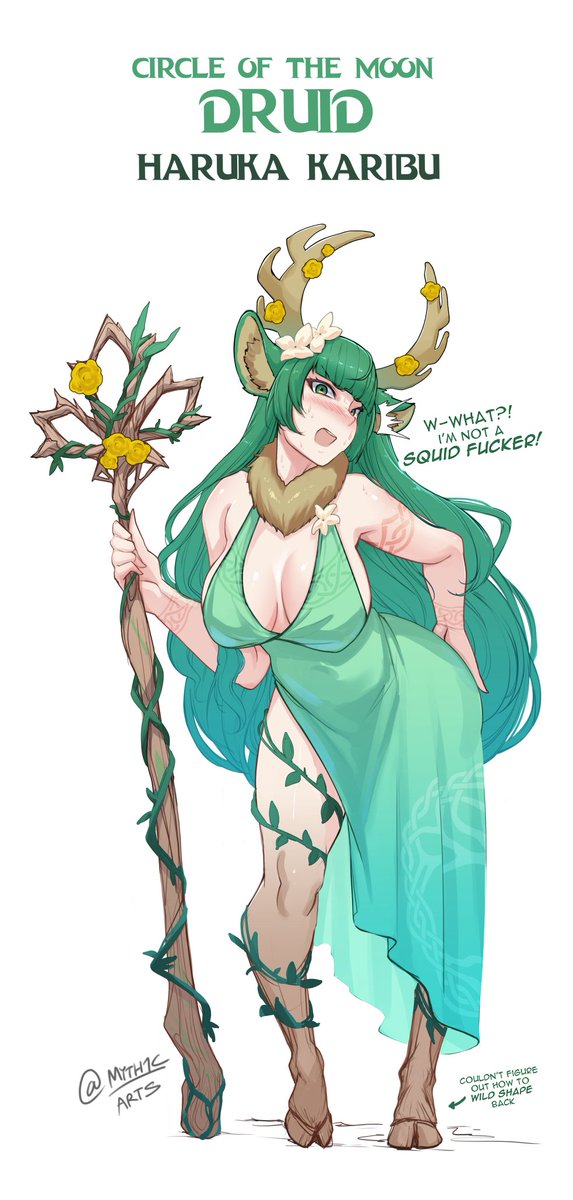 1girl animal_ear_fluff animal_ears antlers blush breasts cleavage deer_ears dress druid dungeons_&amp;_dragons english_text flower green_eyes green_hair hair_ornament haruka_karibu highres hooves horns long_hair looking_at_viewer myth1carts open_mouth plant reindeer_antlers reindeer_girl solo staff vines virtual_youtuber vshojo white_background