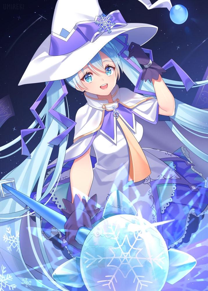 1girl :d aqua_eyes aqua_hair arms_up black_gloves breasts capelet cloak commentary gloves hair_between_eyes hair_ribbon hat hat_ornament hatsune_miku holding holding_staff long_hair looking_at_viewer mage_staff medium_breasts miniskirt musical_note night night_sky open_mouth petticoat purple_ribbon purple_skirt ribbon shirt skirt sky sleeveless smile snowflakes solo staff star_(sky) starry_sky teeth twintails umireki upper_body upper_teeth_only very_long_hair vocaloid white_capelet white_cloak white_hat white_shirt witch_hat wrist_cuffs yuki_miku yuki_miku_(2014)